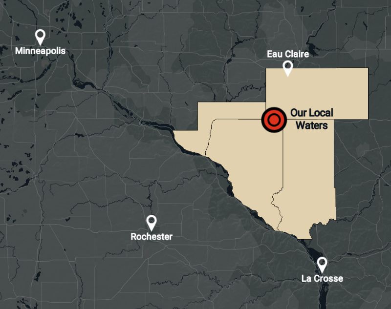 Shows Northern Driftless fly fishing in proximity to Minneapolis, Eau Claire, and La Crosse